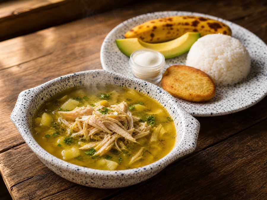 Ajiaquito con arroz, aguacate, tajada, arepa y crema