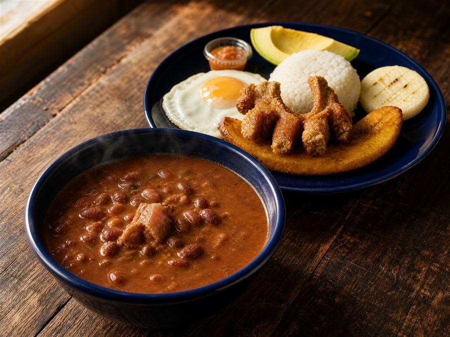 Frijoladita con arroz, huevo, chicharrón, tajada, aguacate y arepa